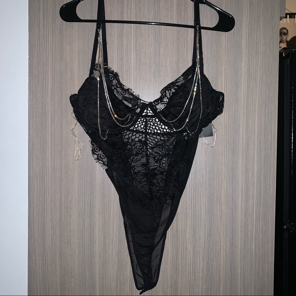 NWT Black lace bodysuit with jewels size L